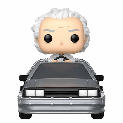 Funko Pop! vinyl figure of a character with white hair sitting in a DeLorean car on a white background