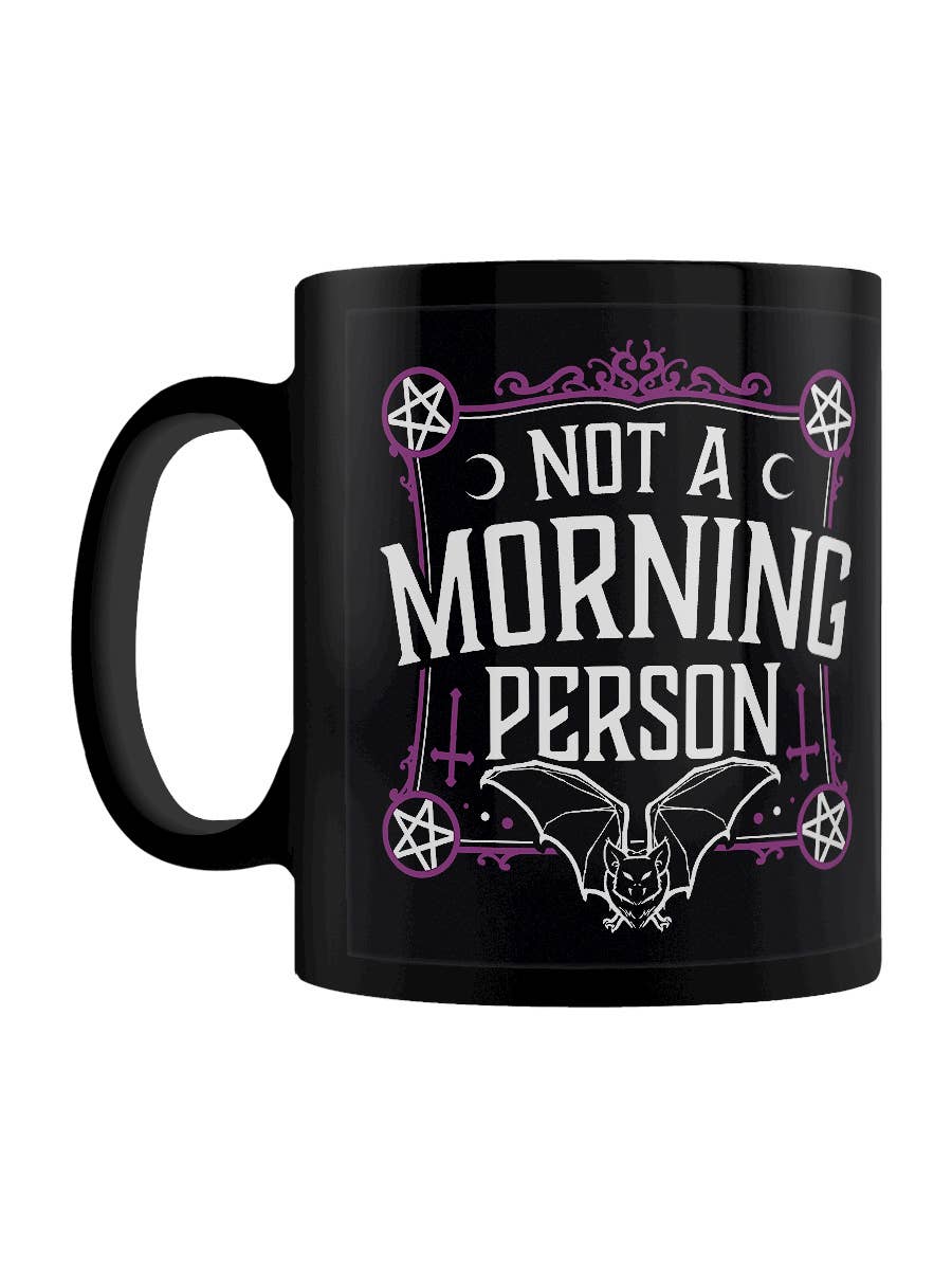 Black mug with 'Not a Morning Person' text and bat design on a white background