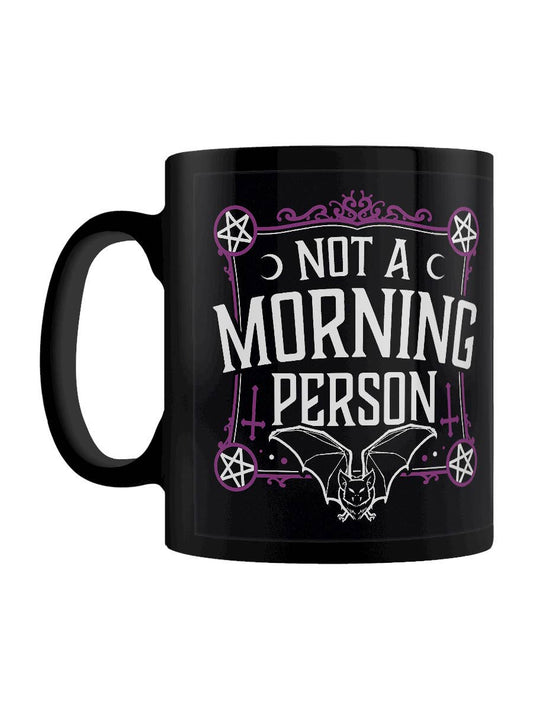 Black mug with 'Not a Morning Person' text and bat design on a white background