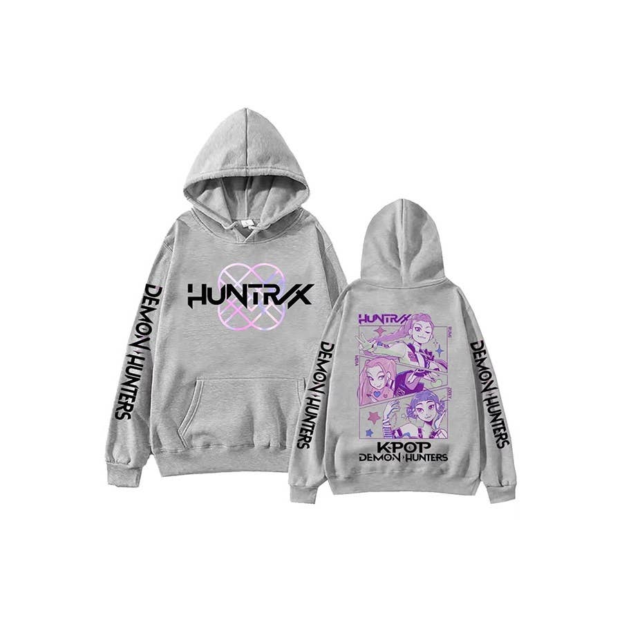 Gray hoodie with 'HUNTRX' branding and character design on a white background