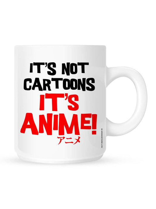 White mug with black and red text 'IT'S NOT CARTOONS IT'S ANIME!' on a white background
