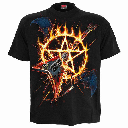 Black t-shirt with a fiery design of guitars and a pentagram on a white background
