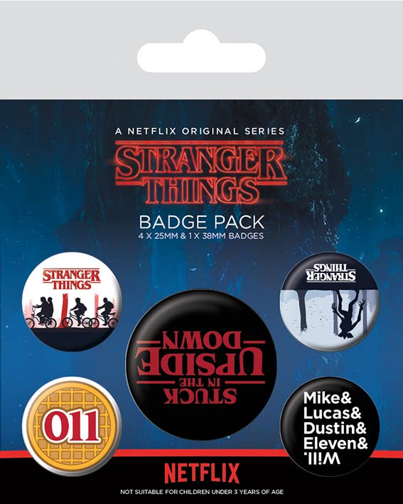 Stranger Things badge pack with five buttons on a blue background