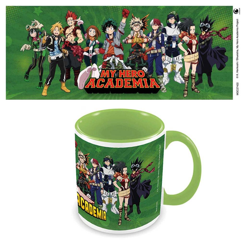 Mug with 'My Hero Academia' character design on a green background