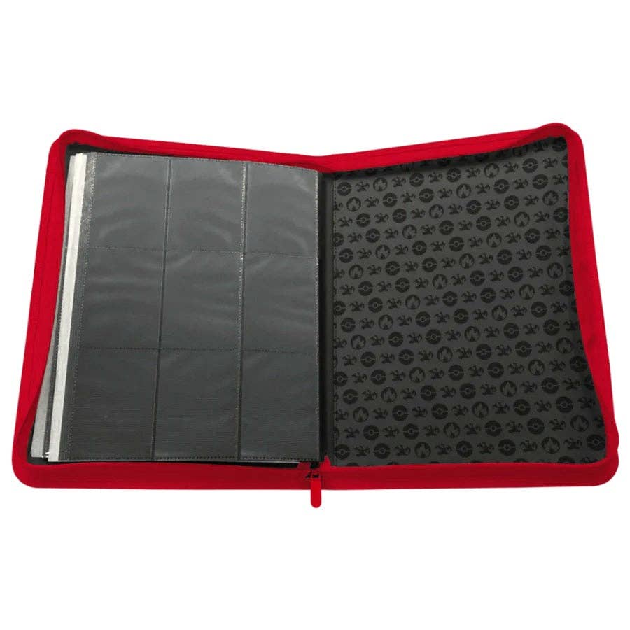 Red-bound album with black interior on a white background