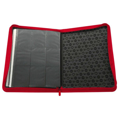 Red-bound album with black interior on a white background