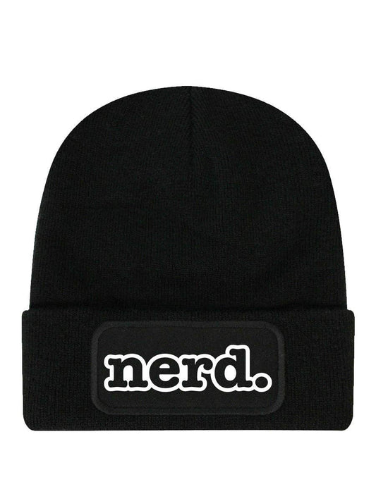 Black beanie with 'nerd.' patch on a white background