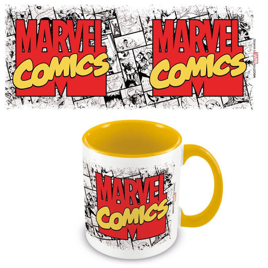 Marvel Comics mug with yellow interior and handle on a white background