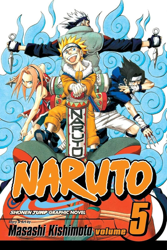 Naruto graphic novel volume 5 cover with characters and blue swirling design