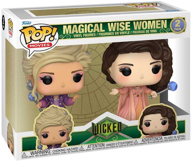 Funko Pop! Movies packaging for 'Wicked' with two vinyl figures and a warning label.