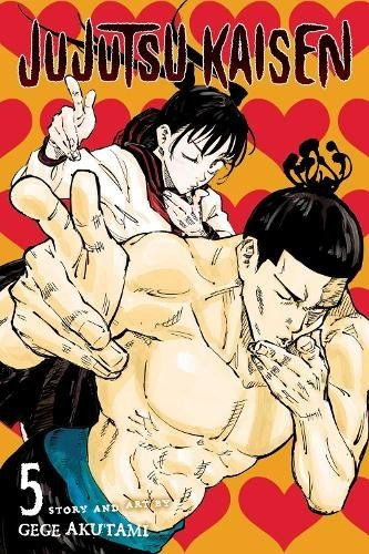 Cover of 'Jujutsu Kaisen' Volume 5 with two characters in a close embrace on a red and orange background.