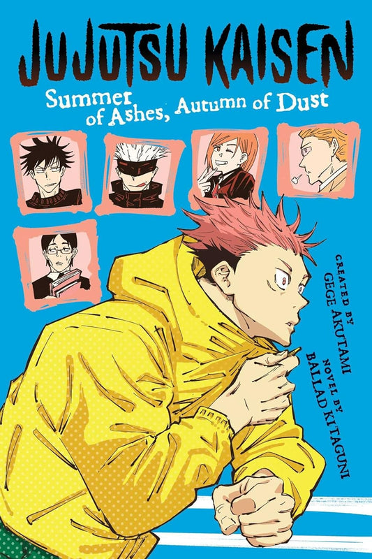 Cover of 'Jujutsu Kaisen' with character portraits and a person in a yellow jacket.
