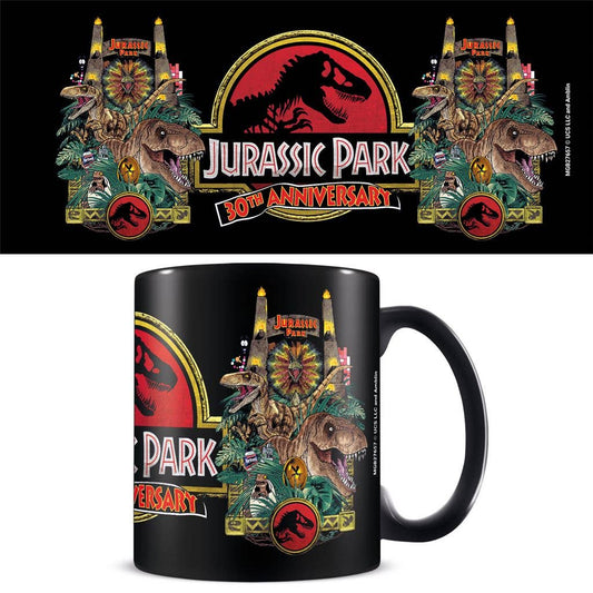 Black mug with 'Jurassic Park' 30th Anniversary design featuring dinosaurs and the park logo.