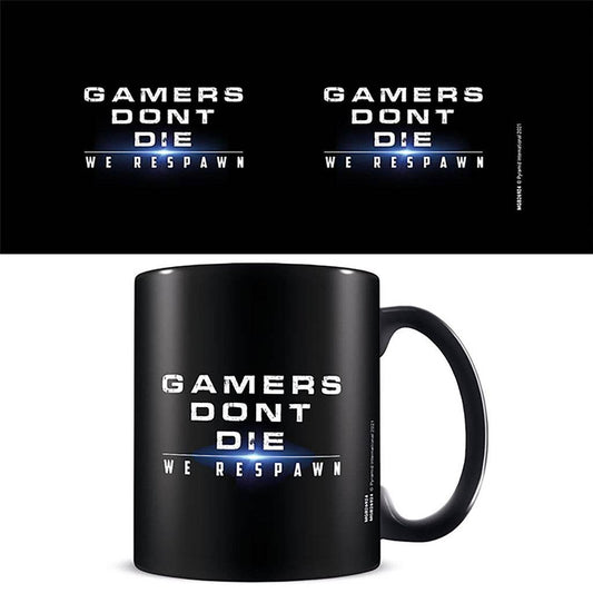 Black mug with 'GAMERS DON'T DIE WE RESPAWN' text on a white background