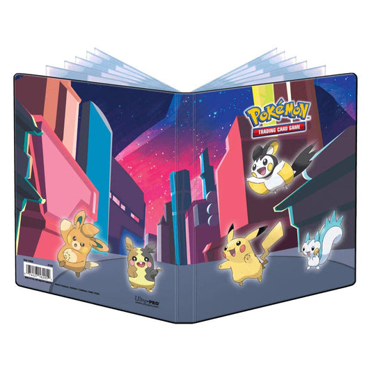 Pokémon trading card game binder with cartoon characters on a cityscape background