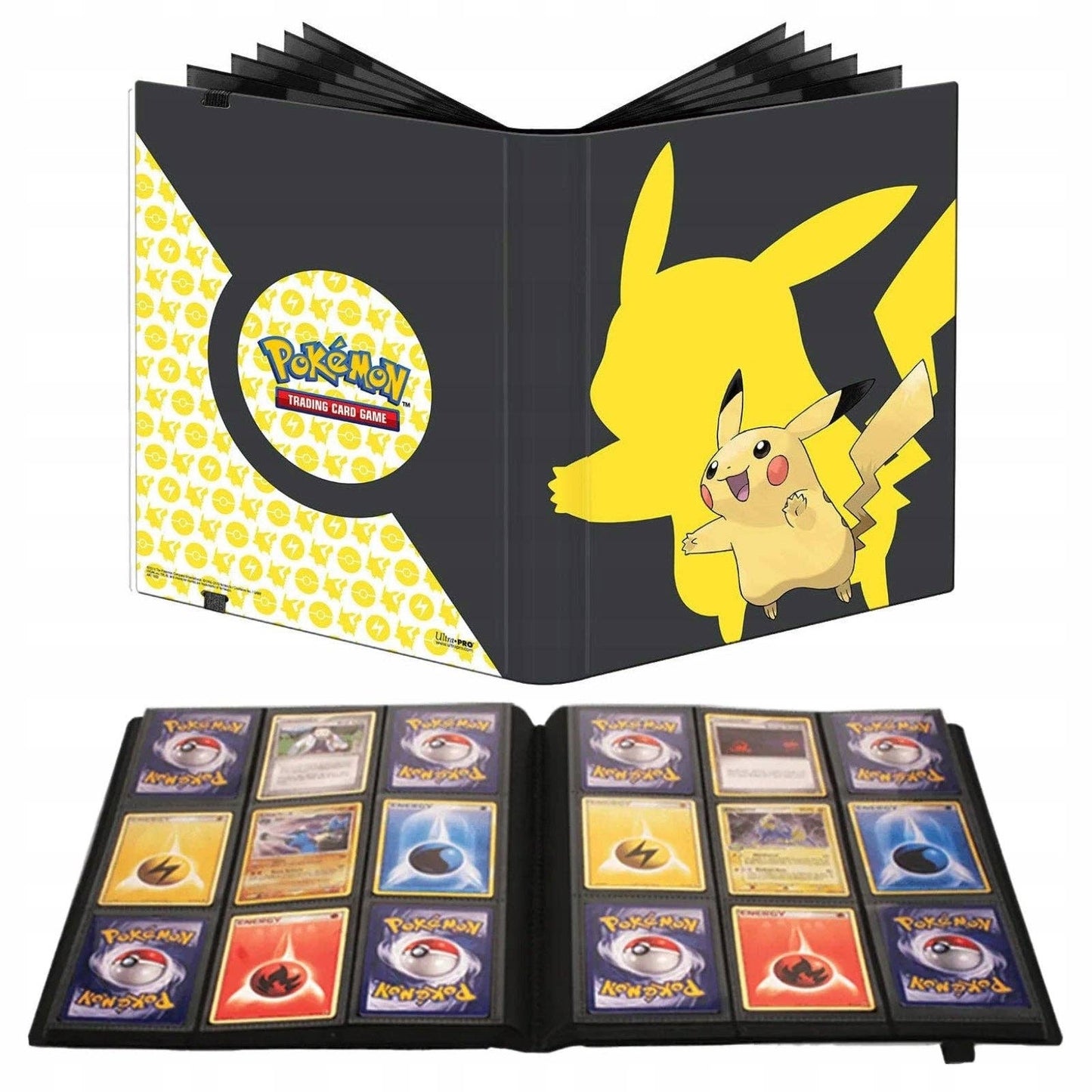 Pokémon trading card game binder with Pikachu illustration and cards displayed.