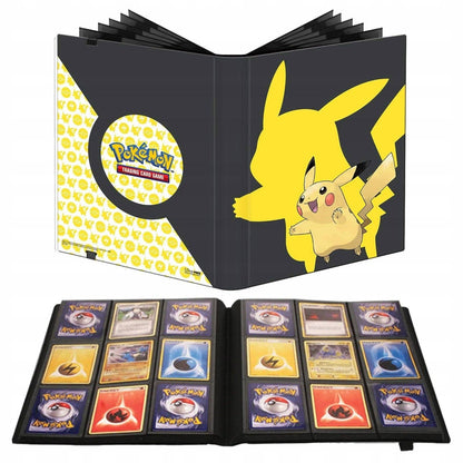Pokémon trading card game binder with Pikachu illustration and cards displayed.