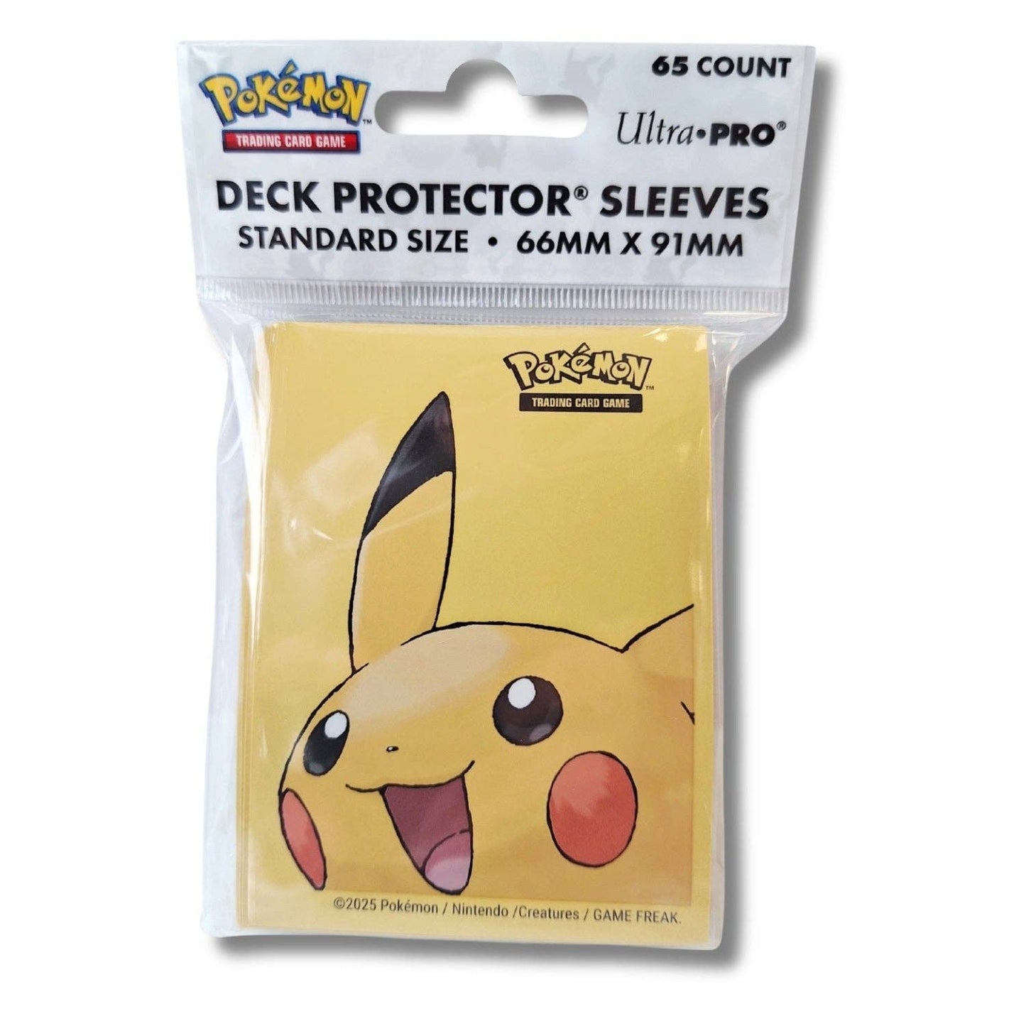 Pokémon Deck Protector Sleeves packaging with Pikachu design on a white background