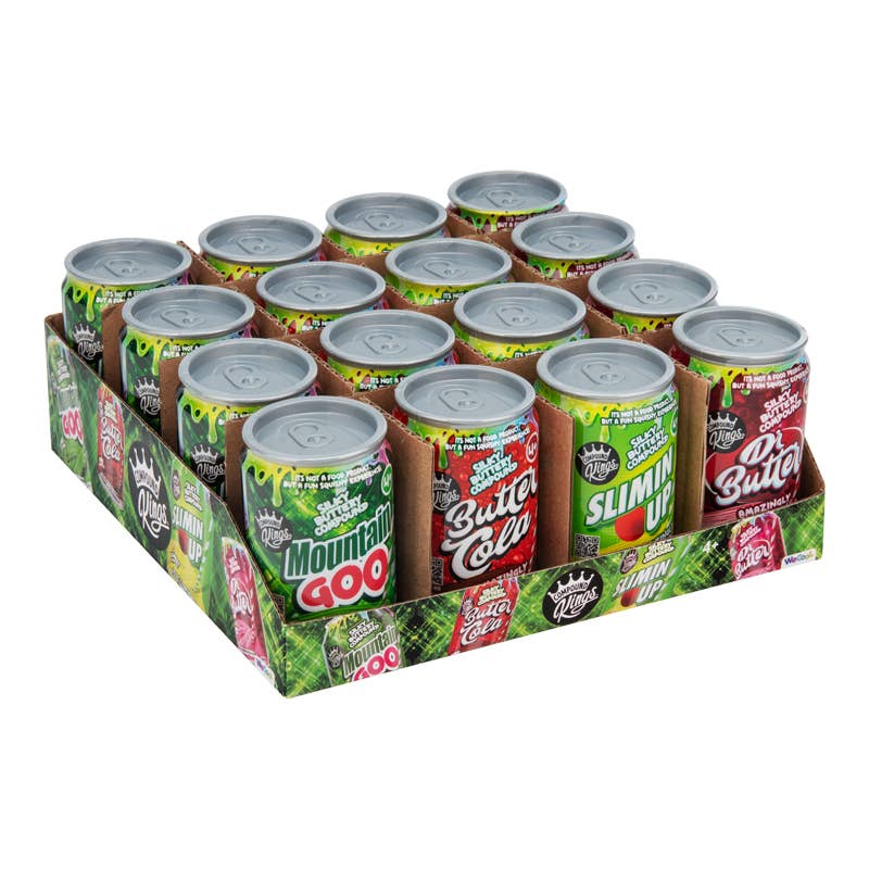 Assorted cans of soda in a cardboard display box on a white background