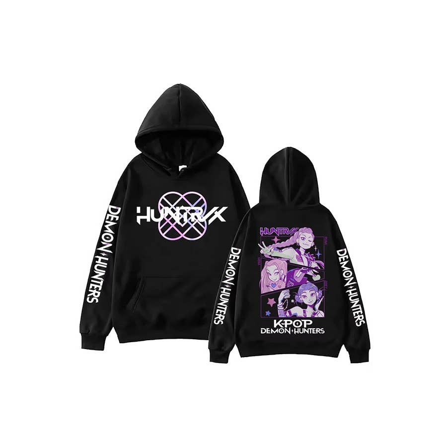 Black hoodies with 'KPOP DEMON HUNTERS' branding on a white background
