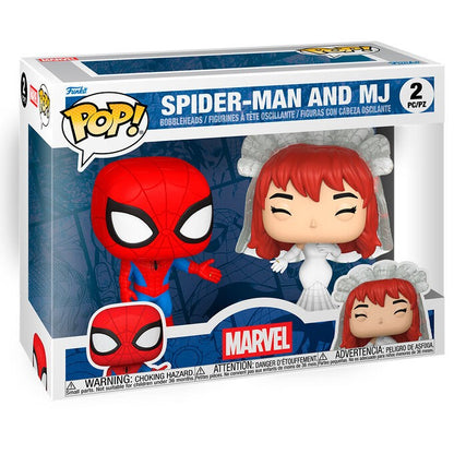 Funko Pop! Spider-Man and MJ packaging with Marvel logo