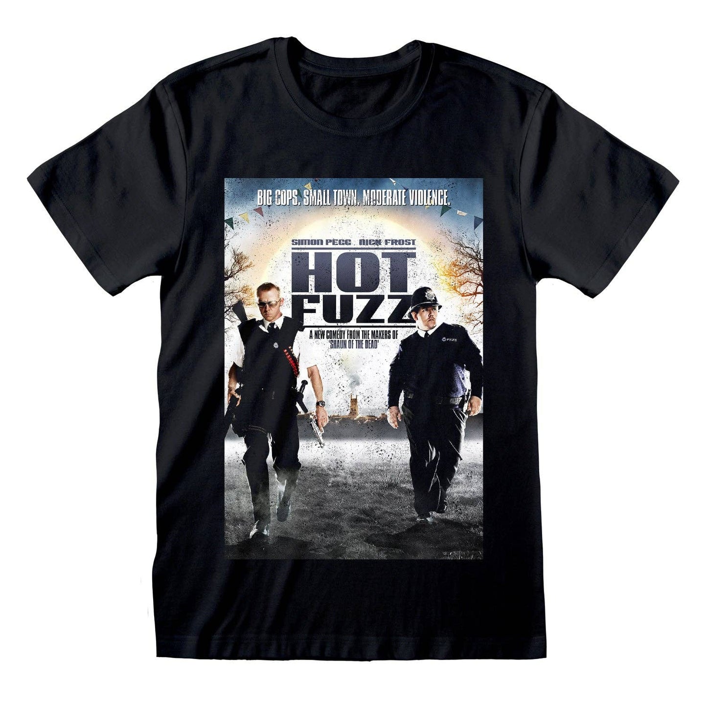Black t-shirt with 'Hot Fuzz' movie poster design featuring two police officers.