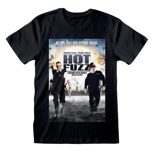 Black t-shirt with 'Hot Fuzz' movie poster design featuring two police officers.