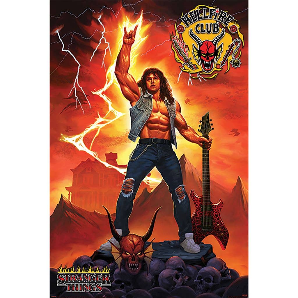 Poster of a character from 'Stranger Things' holding a guitar with fiery background and 'Hellfire Club' logo.