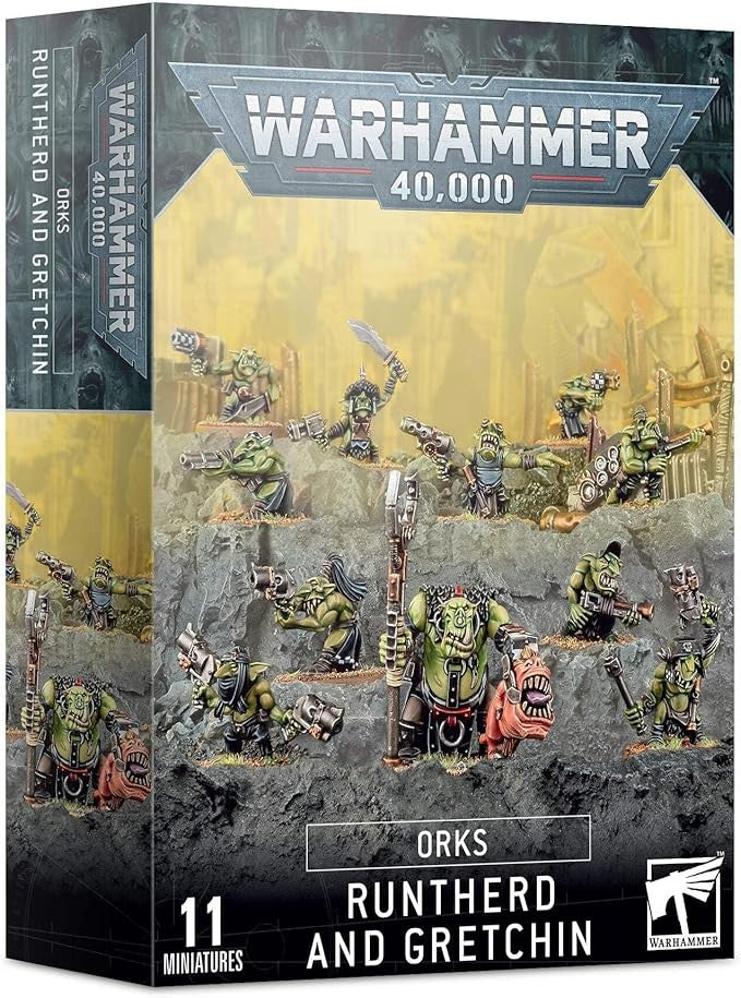 Warhammer 40,000 Orks Runtherd and Gretchin miniatures box packaging.