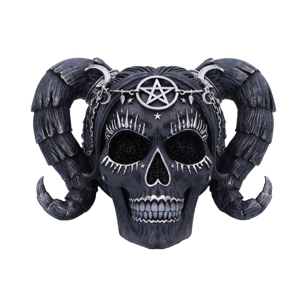 Skull with ram's horns and pentagram symbol on a white background