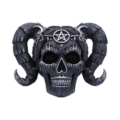 Skull with ram's horns and pentagram symbol on a white background