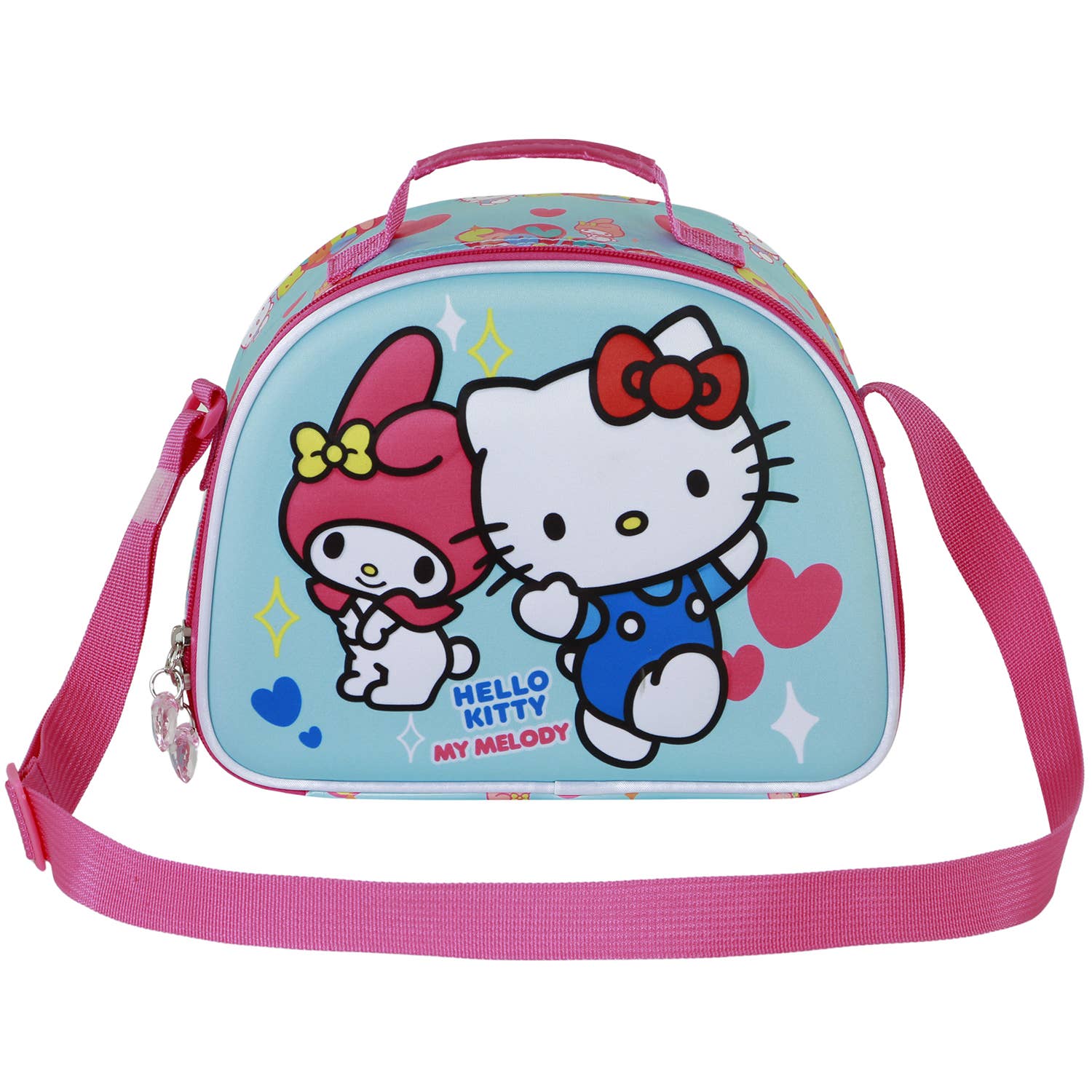Hello Kitty and My Melody lunch bag with pink strap on a white background