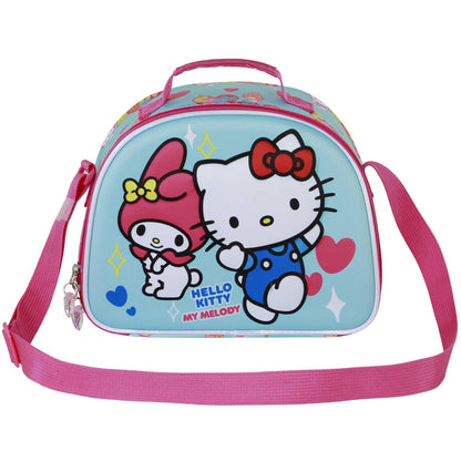 Hello Kitty and My Melody lunch bag with pink strap on a white background