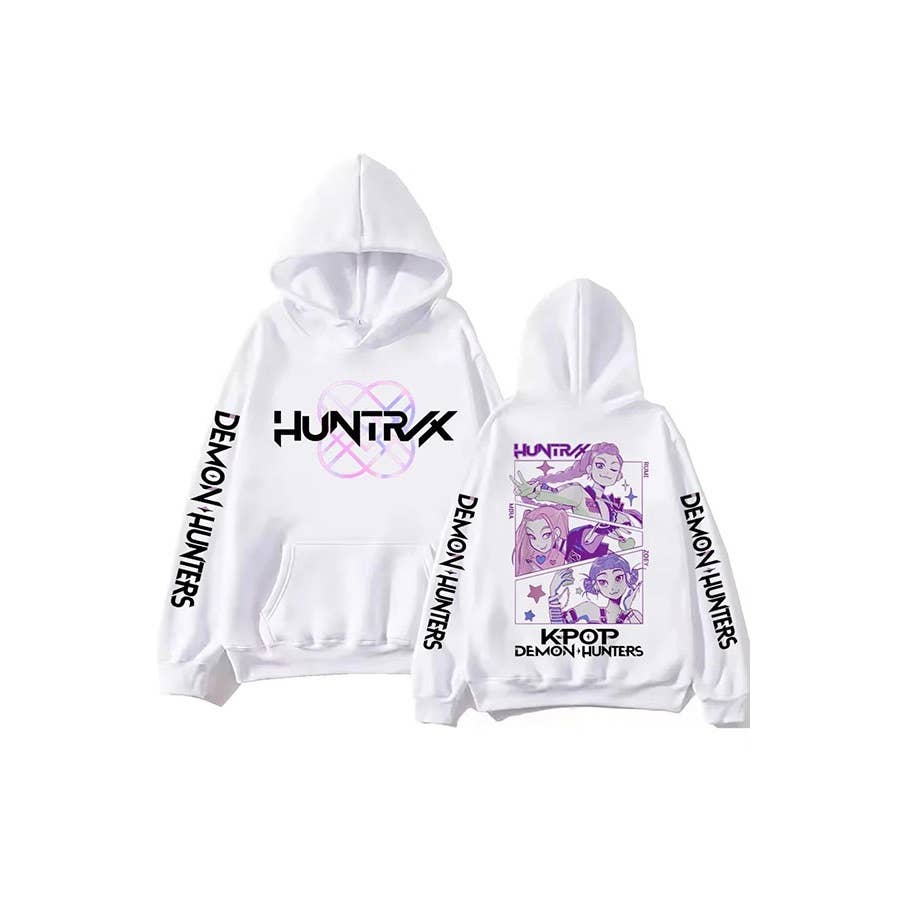 White hoodie with 'HUNTRX' branding and graphics on a white background