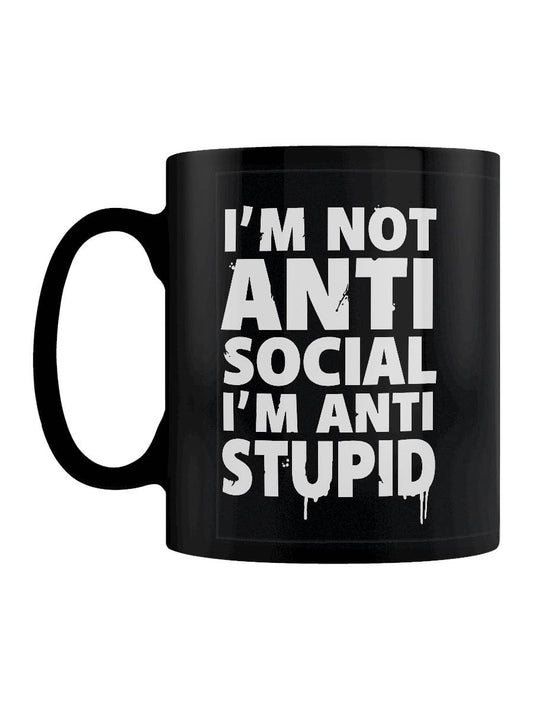 Black mug with white text 'I'm not anti social, I'm anti stupid' on a white background