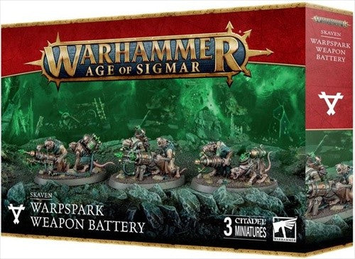 Warhammer Age of Sigmar Skaven Warpspark Weapon Battery box with miniatures on a green and red background