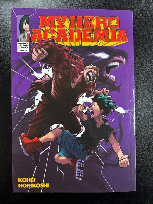 Comic book cover of 'My Hero Academia' with characters in action on a purple background
