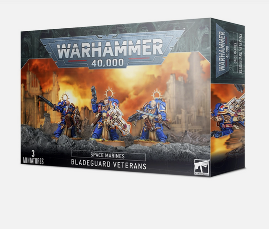 Warhammer 40,000 Space Marines Bladeguard Veterans miniatures box on a white background