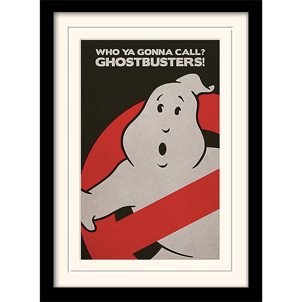 Framed poster with a ghost and text 'Who ya gonna call? Ghostbusters!' on a black background.
