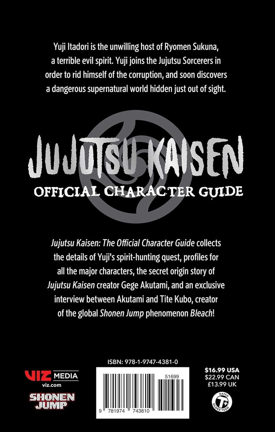 Back cover of 'Jujutsu Kaisen' official character guide with text and branding.