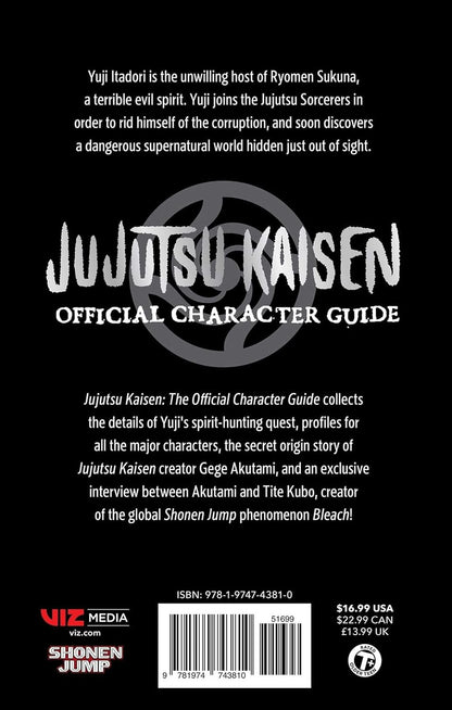 Back cover of 'Jujutsu Kaisen' official character guide with text and branding.