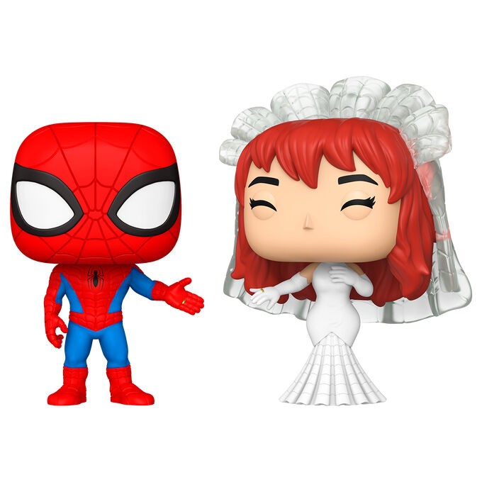 Two superhero figurines, one in a red and blue suit and the other in a white outfit with a headpiece, on a white background.