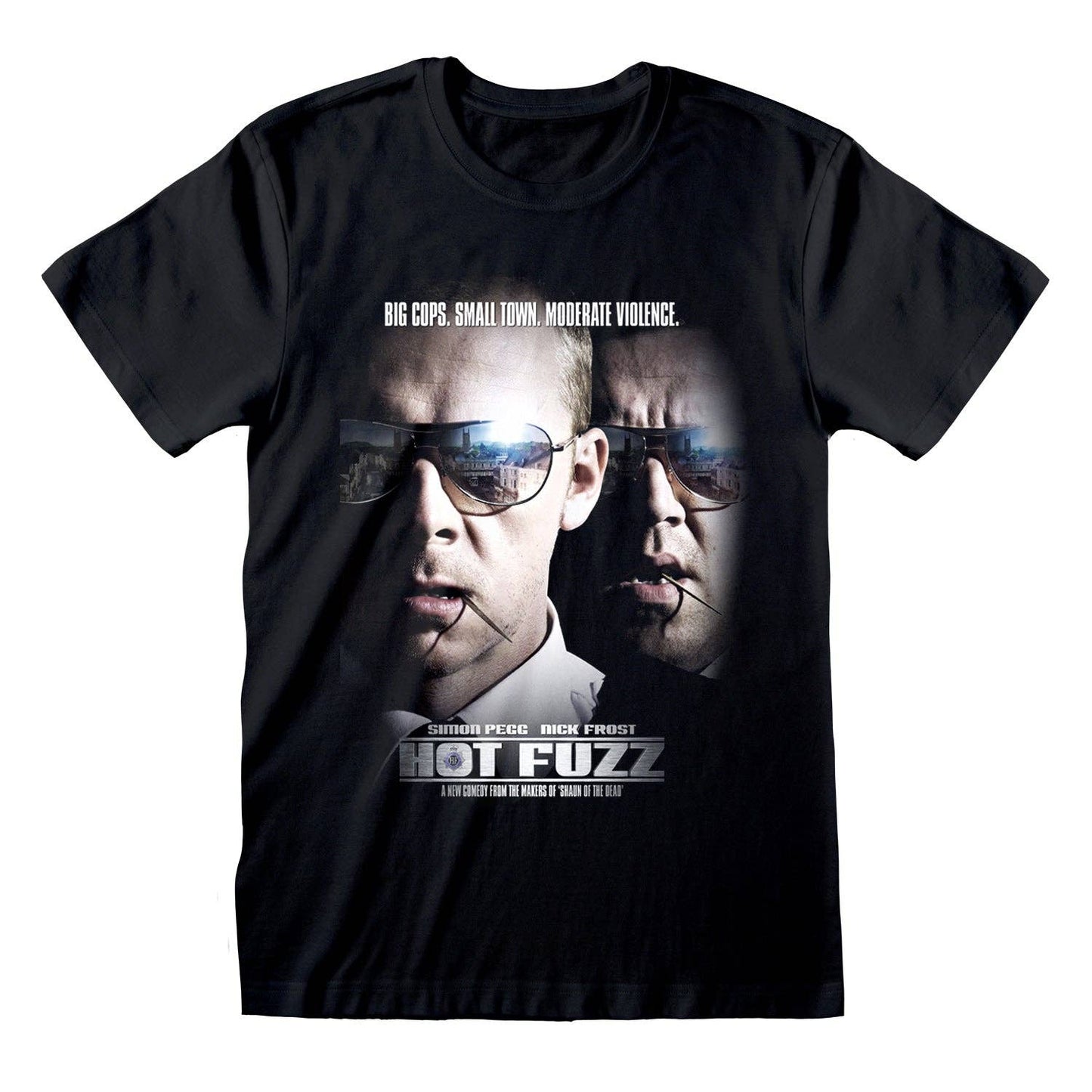 Black t-shirt with 'Hot Fuzz' movie graphic featuring two men with sunglasses.