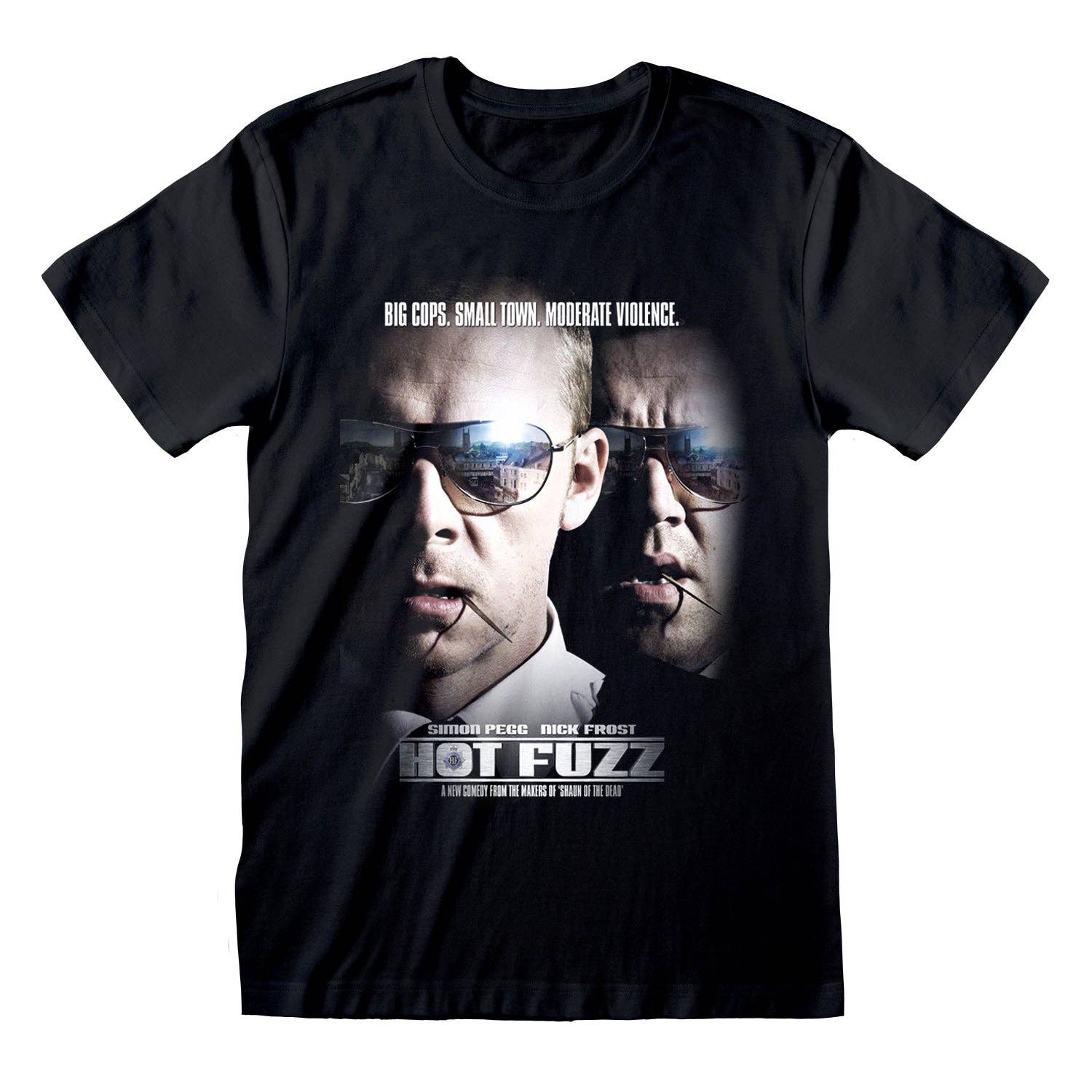 Black t-shirt with 'Hot Fuzz' movie graphic featuring two men with sunglasses.