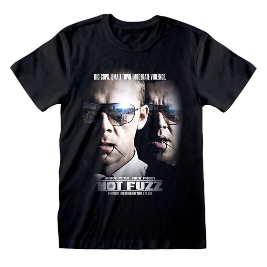 Black t-shirt with 'Hot Fuzz' movie graphic featuring two men with sunglasses.