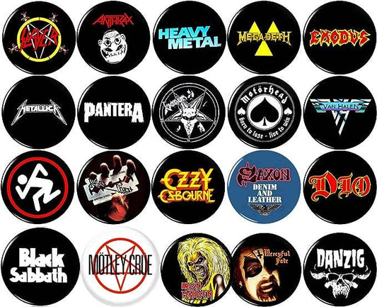 Collection of metal music buttons featuring various bands and logos.