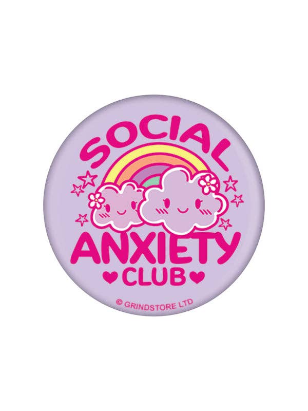 Button badge with 'Social Anxiety Club' text and rainbow design on a white background