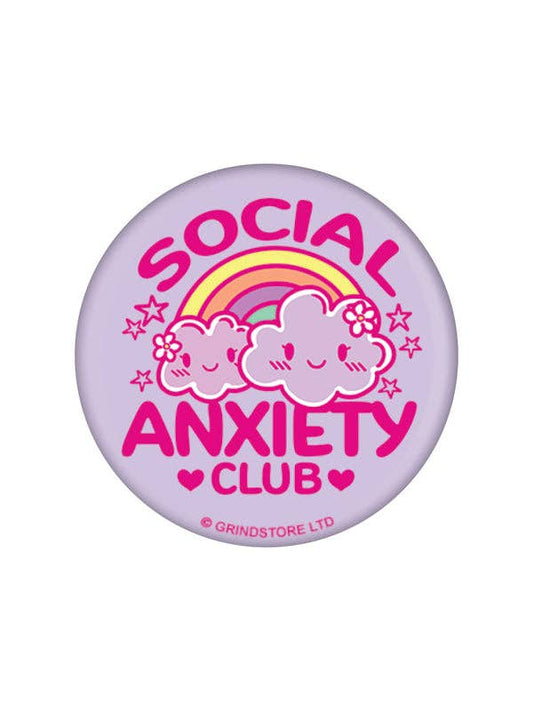 Button badge with 'Social Anxiety Club' text and rainbow design on a white background