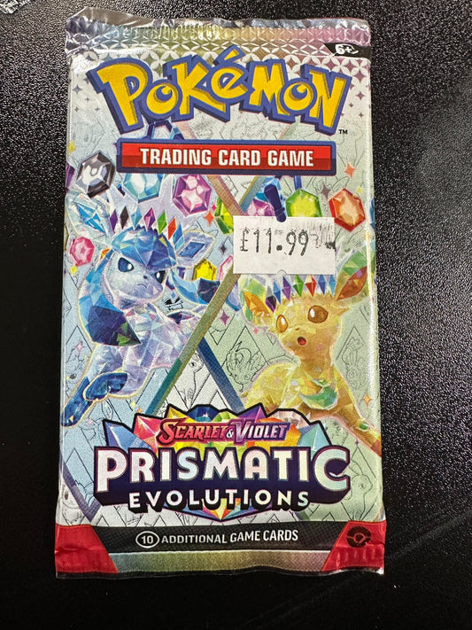 Pokémon trading card game pack with Prismatic Evolutions theme on a dark background