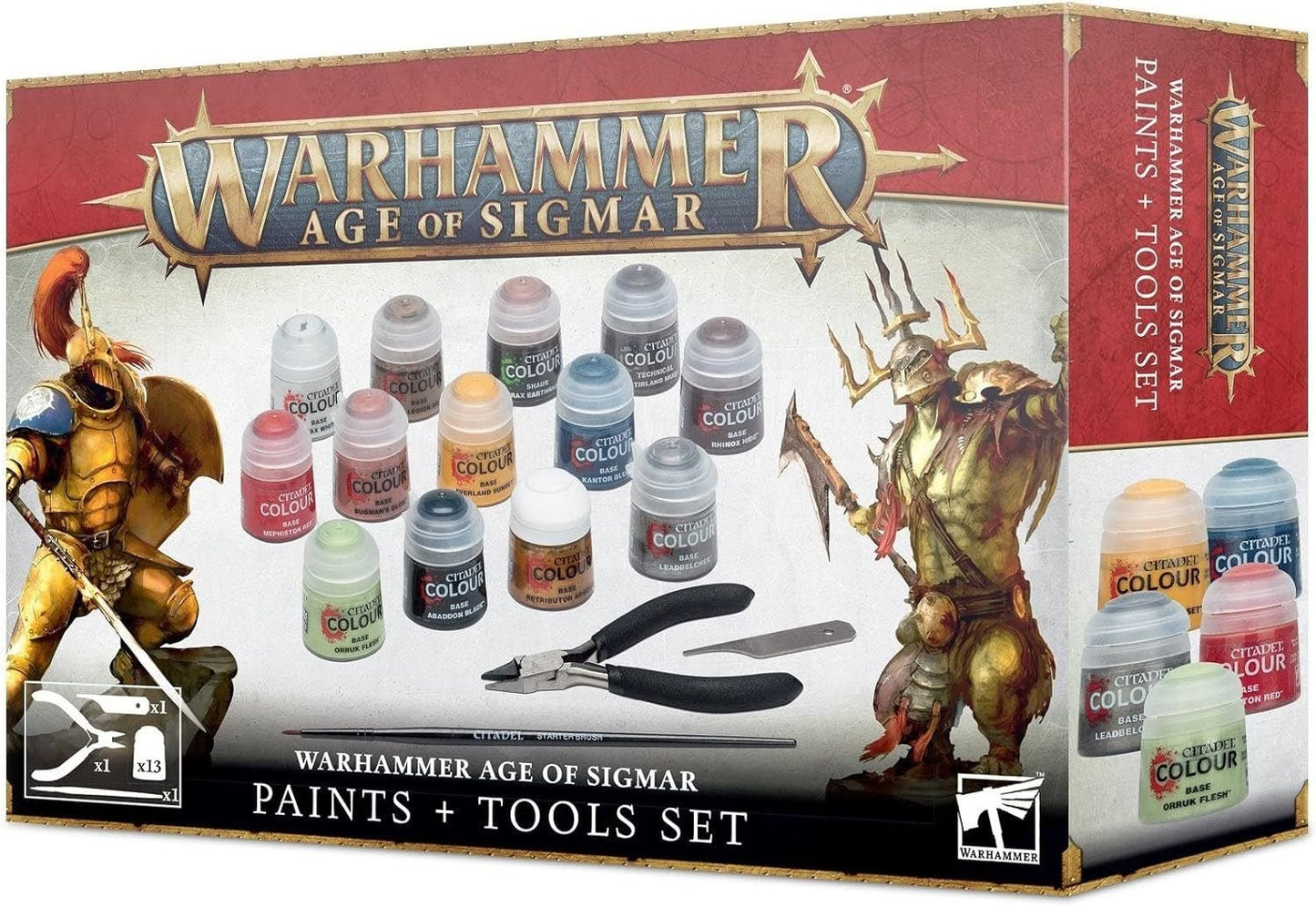 Warhammer Age of Sigmar Paints + Tools Set packaging with figurines and paint bottles.